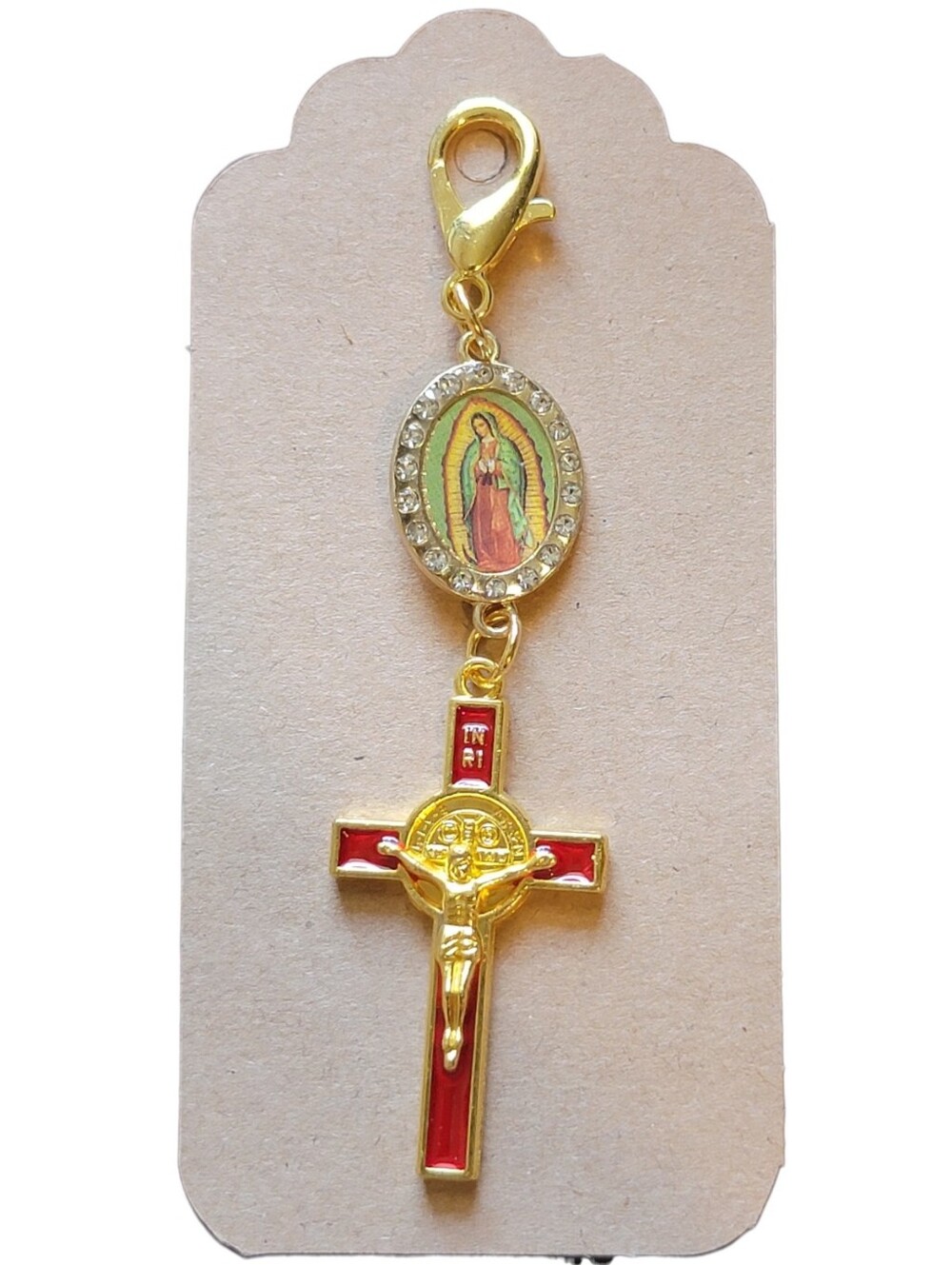 Our Lady of Guadalupe Charm & St Benedict Red Crucifix Zipper Pull  Keychain